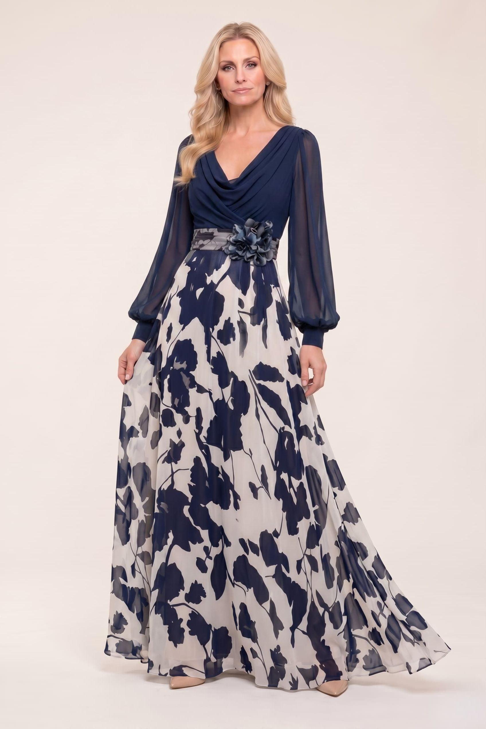 A-Line Maxi Printed Chiffon Mother of the Bride Dress CM0442 - Dark Navy - COCOMELODY